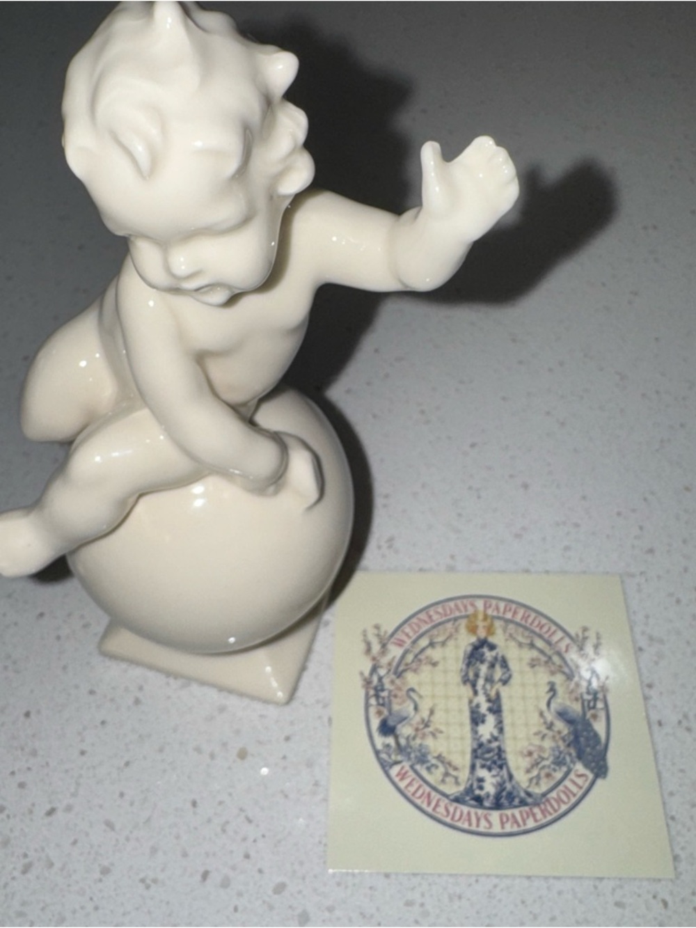 Vintage Mid-Century White Porcelain Cherub on Globe Figurine - T.A. Japan